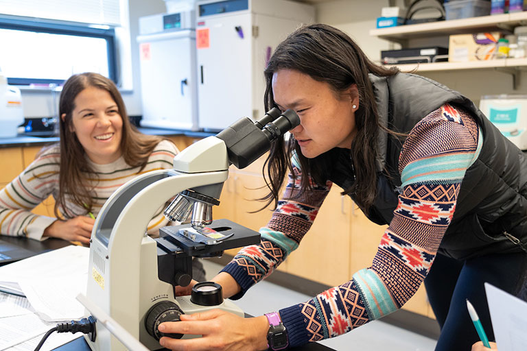 students in a classroom look through a microscope and work on lab paperwork