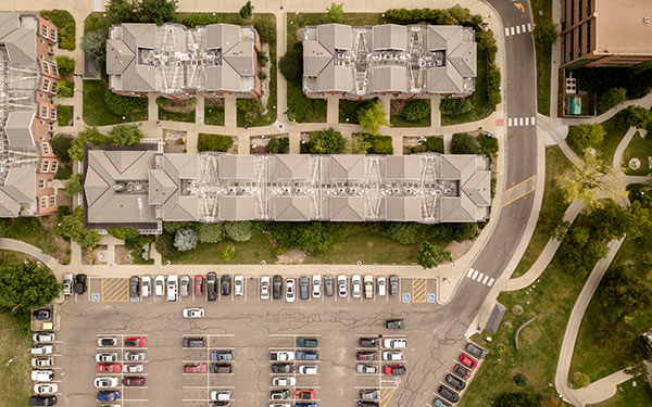 drone shot of parking lot on campus