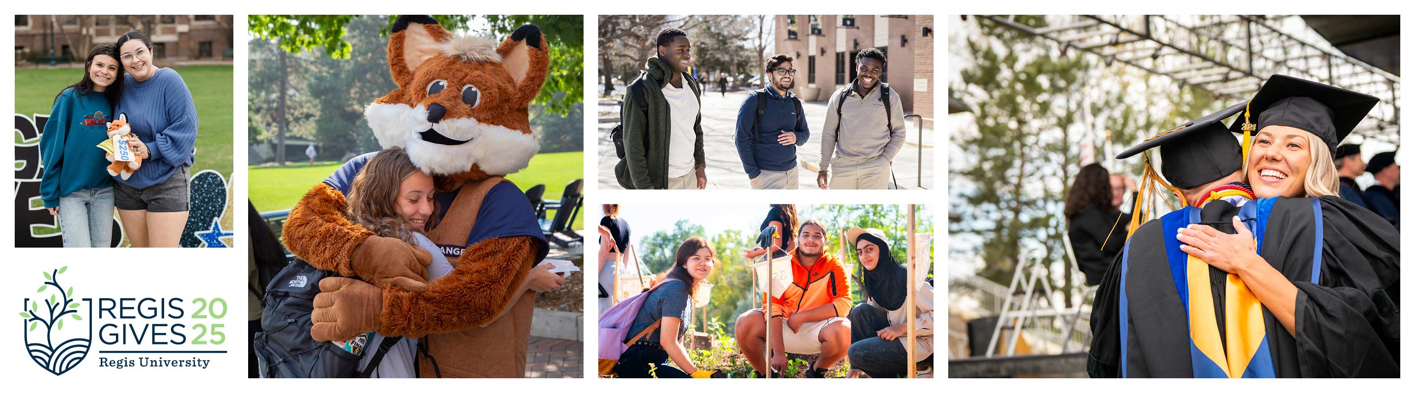 A collage of photos showcasing students and faculty at Regis University, featuring moments of joy, learning, and community engagement.