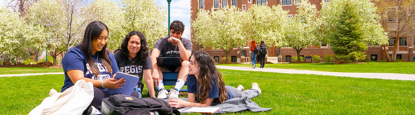 students study together while sitting on the lawn on the quad during the spring on the Regis Campus