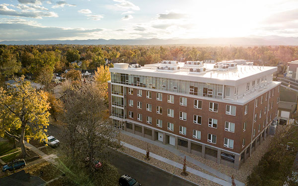 exterior view of the Vincent J. Boryla Apartments on the Regis campus