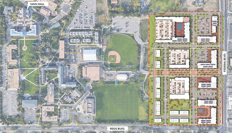 aerial photo of the Regis campus with an artists rendering of a possible future layout of Regis Village overlayed. The layout includes buildings, roads, walkways and green space bordered by Federal Blvd. on the east and connected to campus on the west.