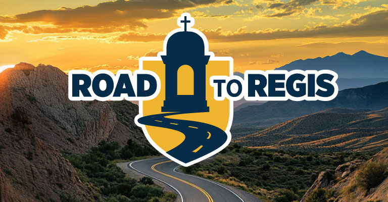 road to regis logo over a winding mountain road at sunset