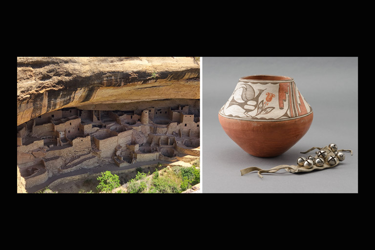 A grid of four artworks, from left to right: a mixed-media piece with tangled lines and a blue mass; an opened artist's book with earthy tones and two glass forms; an abstract painting of a blue, river-like shape; and a black-and-white print with twisting, vine-like lines.