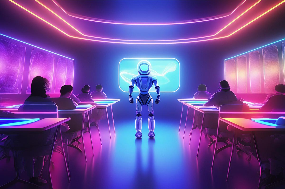 AI photo of robot in front of a classroom. Desks on left and right with students sitting in them