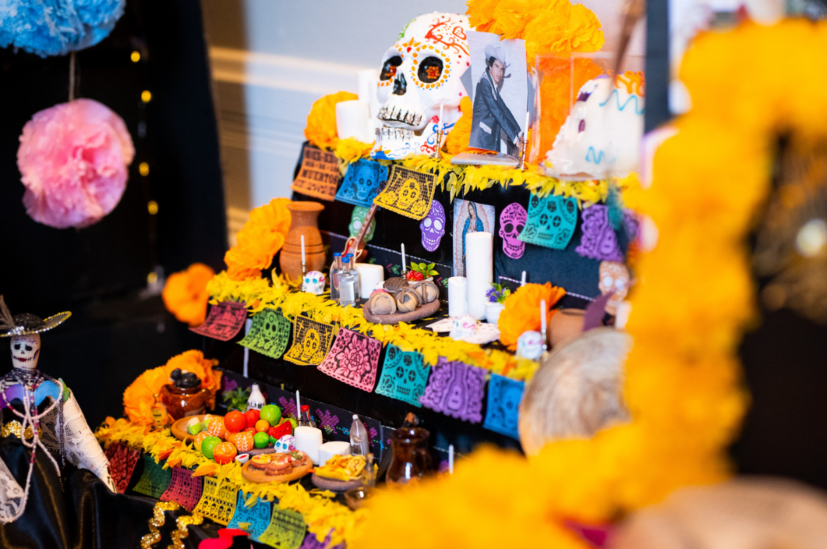 an altar created in honor of Dia de los Muertos 