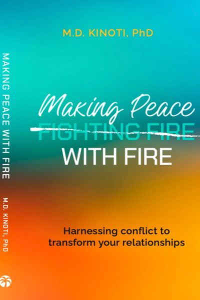 book cover for Making Peace with Fire, teal and orange book