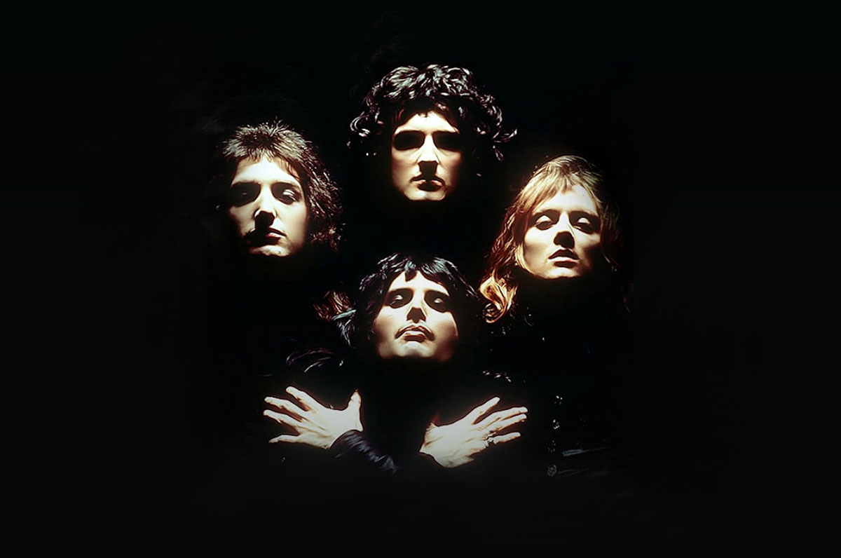 famous image of the band Queen, Freddie Mercury, Brian May, John Deacon and Roger Meddows-Taylor from the cover of their album Queen II