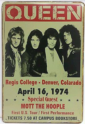 Original poster reading QUEEN Regis College, Denver Colorardo, April 16, 1974, Special Guest Mott the Hoople, First U.S. Tour | First Performance | Tickets 7.50 at campus bookstore