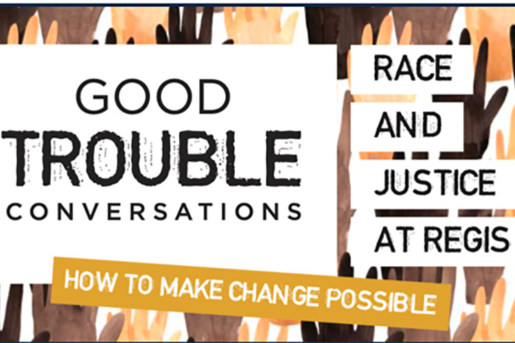 Graphic promoting Good Trouble Conversations, with a background of raised hands of all different skin tones